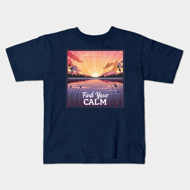 Find Your Calm - Serene Lake Sunset Kids T-Shirt by Teeium